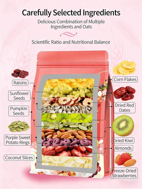 WEIJUEJIYI 400g/14.1oz Yogurt Nut Baked Cereal, Crunchy Breakfast Cereal with Freeze-Dried Yogurt Cubes, Dried Fruits