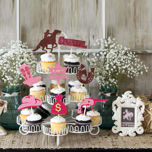 24 Pcs Cowgirl Party Cupcake Toppers, Pink Western Decorations for Kids Birthday Party, Baby Shower Supplies