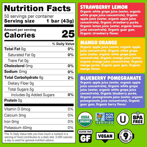 (Pack 50) DeeBee's Organics Classic SuperFruit Freezie Pops, No Added Sugars, No Artificial Flavors or Colors