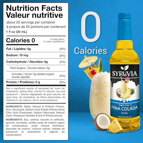 25.4 oz, Syruvia Sugar Free Pina Colada Syrup, Flavored Syrup for Cocktails, Drinks, Lemonades, Iced Teas, and Desserts