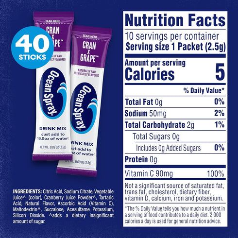 Packets 100% (40ct) Ocean Spray Cran-Grape Zero Sugar Powder Drink Mix with Real Cranberry Juice Powder, Vitamin C, No