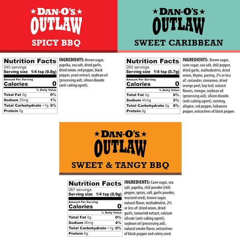 Pack 3 Dan-Os Outlaw BBQ Seasoning Variety Bottle Combo Sweet & Tangy BBQ (Tamarind), Spicy & Sweet Caribbean Bold