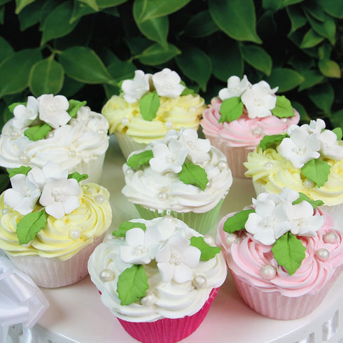 24 Count Global Sugar Art Blossoms and Leaves Edible Sugar Cake & Cupcake Flowers, White, Small Unwired, with Leaves by