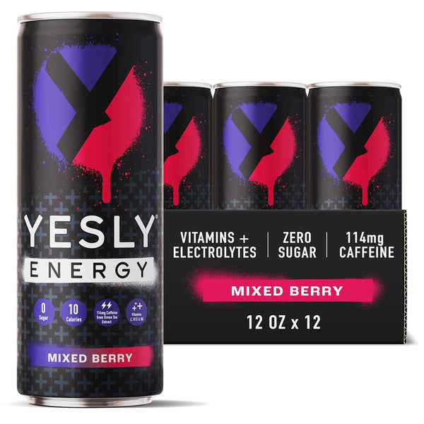 Yesly Energy Drink, Mixed Berry, Naturally Flavored Sparkling Energy Drink With Electrolytes,