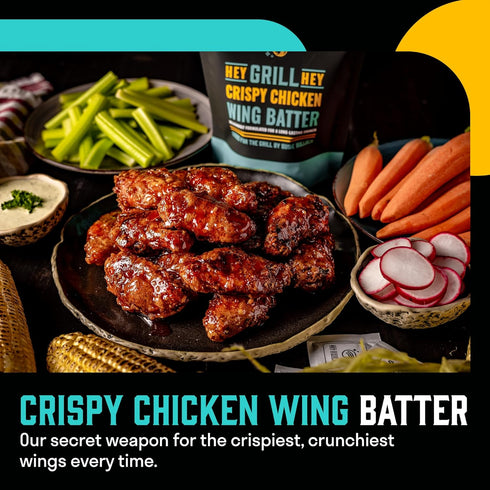 Hey Grill Hey | Chicken Wing Seasoning & Sauce Kit | All-in-one Crispy Batter, BBQ Rub, and Sweet Heat BBQ Sauce | Wing