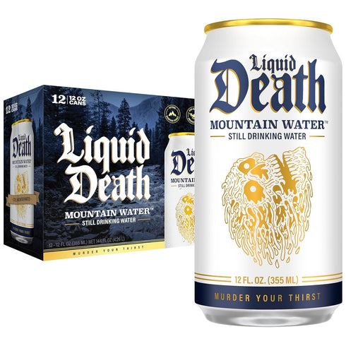 Liquid Death Still Mountain Water, Real Mountain Source, Ice-Cold Cans, Infinitely Recyclable,