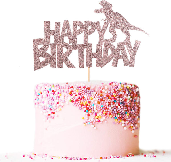 Happy Birthday Cake Topper - Rose Gold Glitter Dinosaur Theme Decoration for Boy and Girl Birthday Party