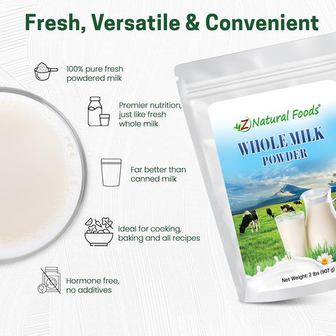 2 lbs Z Natural Foods Premium Whole Milk Powder - Powdered Milk for Baking, Cooking, Drinks - Dry Milk Powder