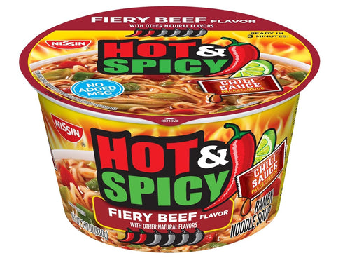 3.28 (Pack 6) Nissin Hot & Spicy Ramen Noodle Soup, Fiery Beef, Ounce