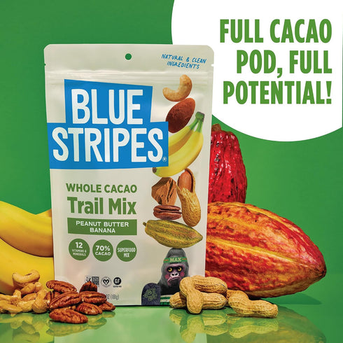 70% 4 Pack, 6.4 oz Blue Stripes - Trail Mix, Peanut Butter Banana, Cashews, Peanut Butter Chips, Healthy Snacks