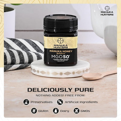 50+ 100% 8.8oz/250g Manuka Hunters/MGO Certified New Zealand Manuka Honey - Pure Natural Sweetener - Gluten, Dairy Free