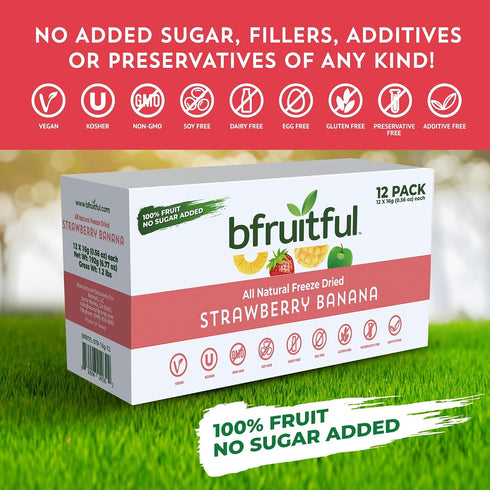 0.56 oz Packets, 12 Pack bfruitful Freeze-Dried Strawberry Banana, Freeze Dried Fresh Fruit Bites, Gluten Free, Vegan