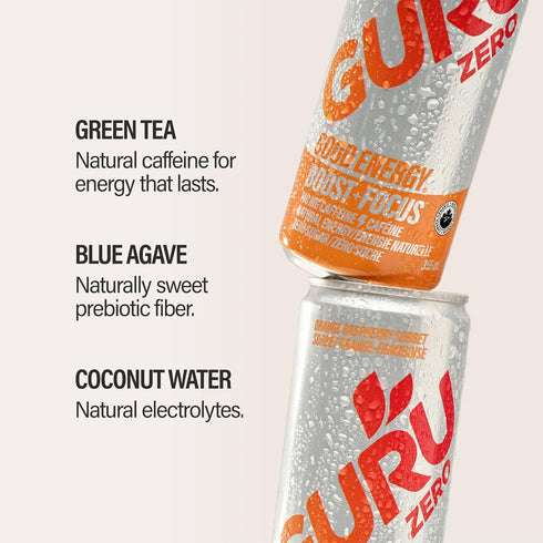 140 12 Oz, 12 Pack GURU Zero Sugar Energy Drink,Orange Raspberry Sorbet Organic Sparkling Energy Drink with MG Natural