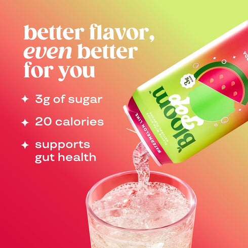 12 Pack, 12oz Bloom Pop Prebiotic Soda Watermelon Lime Flavor, Cans | Prebiotic Soda for Gut Health, Low Calorie Soda