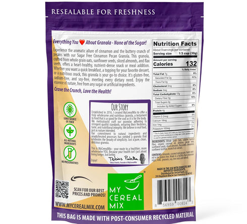 MyCerealMix Sugar Free Granola - Cinnamon Pecan - Natures Crunchy Delight | Gluten Free, Soy Free, Sodium Free, No Sugar Alcohols, All Natural Ingredients, Vegan | Healthy All-Natural Breakfast Cereal