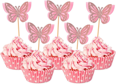 Butterfly Cupcake Toppers, 24 PCS Pink Paper & Bamboo, Party Decoration for Kids Birthday, Baby Shower, Wedding