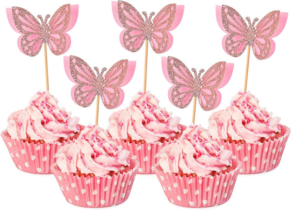 Butterfly Cupcake Toppers, 24 PCS Pink Paper & Bamboo, Party Decoration for Kids Birthday, Baby Shower, Wedding