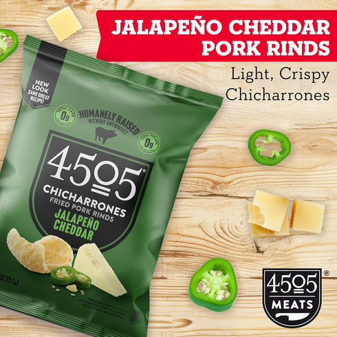 4505 1.1oz (Pack 12) Jalapeno Cheddar Seasoned Chicharrones, Fried Pork Rinds - Jalapeno Cheddar Flavored Pork Skins