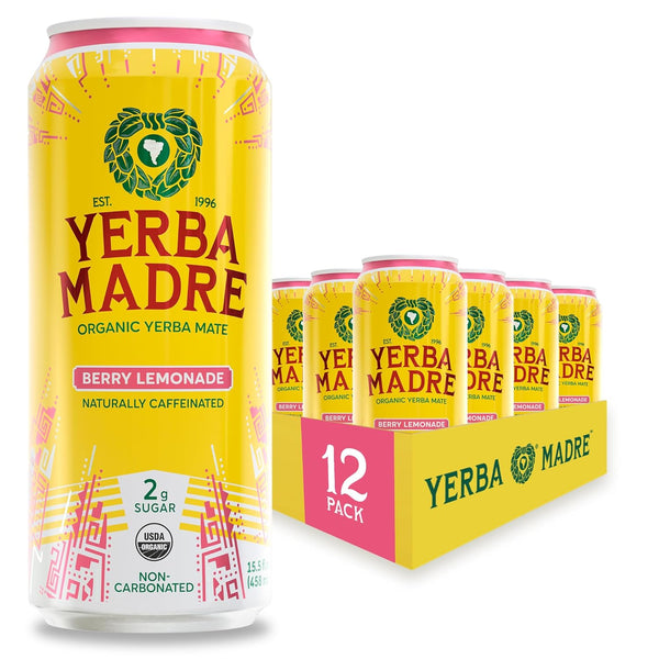 Yerba Madre Organic Yerba Mate, Low Sugar Berry Lemonade, 150mg Natural Caffeine,