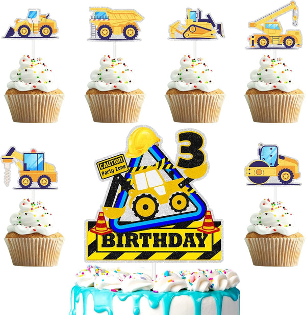 SugarGera Construction Cake Toppers for Kids Engineering Themed Happy 3rd Birthday Dump Truck,