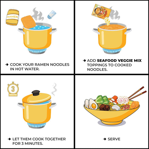 CHIRAMEN Seafood Veggie Mix Dried Ramen Toppings, Shrimp, Fishcake, Imitation Crab, Squid, Plant-Based Beef, Eggs