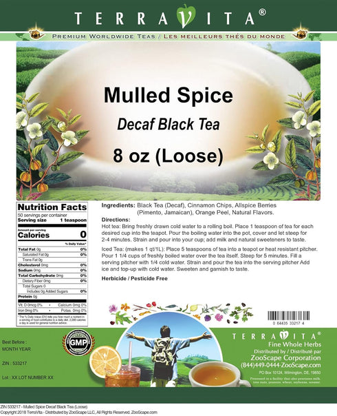 Terravita (8 oz, 533217) Mulled Spice Decaf Black Tea (Loose) ZIN: