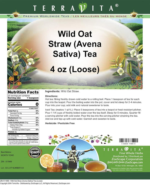 Terravita (4 oz, 511669) 3 Pack Wild Oat Straw (Avena Sativa) Tea (Loose) ZIN: