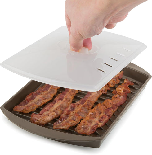 4-6 Frozen 10"L 7"W 2.25"H,Brown Prep Solutions by Progressive Microwave Small Bacon Grill with Vented Cover, Strips