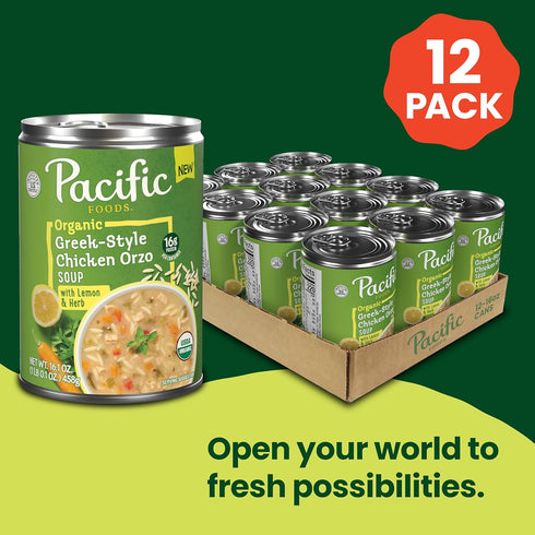 16.1 oz (12 Pack) Pacific Foods Organic Greek-Style Chicken Orzo Soup With Lemon and Herb, Can