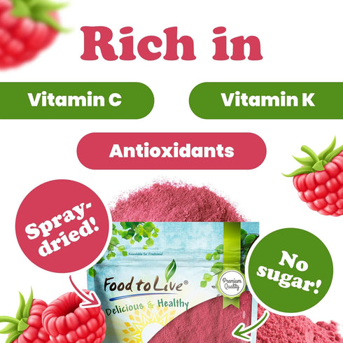 2 Food to Live Raspberry Juice Powder, Pounds Spray-Dried, No Sugar Added, Contains Maltodextrin, Vegan, Kosher, Bulk