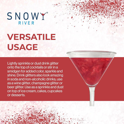 Snowy River Edible Cocktail Glitter, All Natural Edible Beverage Glitter for Cocktails, Wine, Champagne, 4 Gram, Red