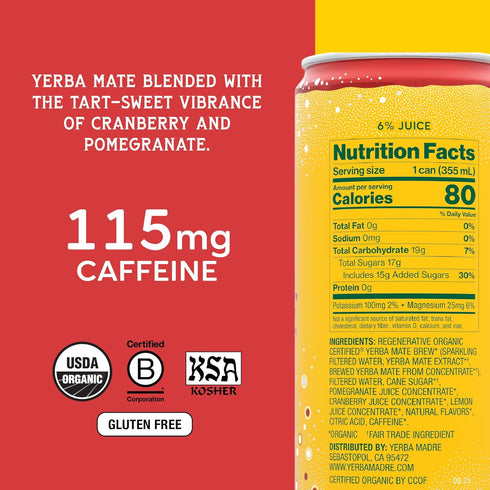 115mg 12oz (Pack 12) (Packaging Yerba Madre Organic Sparkling Yerba Mate, Cranberry Pom, Natural Plant Based Caffeine