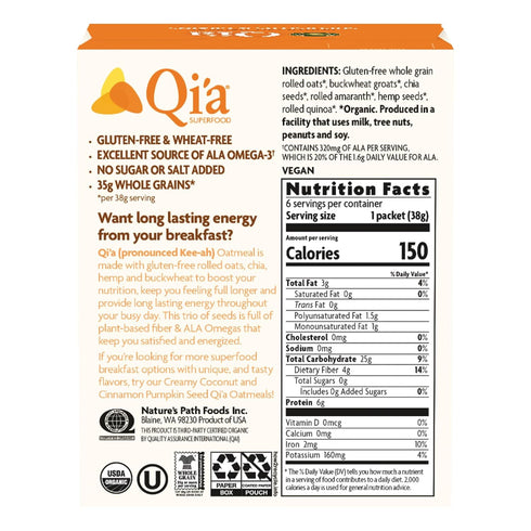 8 oz (Pack 6), Nature's Path Organic Qi'a Superseeds & Grains Instant Oatmeal, of Gluten Free, Non-GMO