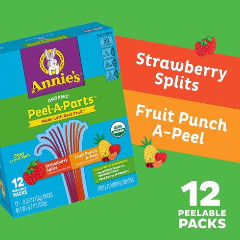 Pack, 12 Count, 6.7 oz Annie's Organic Fruit Peel-A-Parts Fruit Flavored Snacks, Strawberry and Fruit Punch, Gluten
