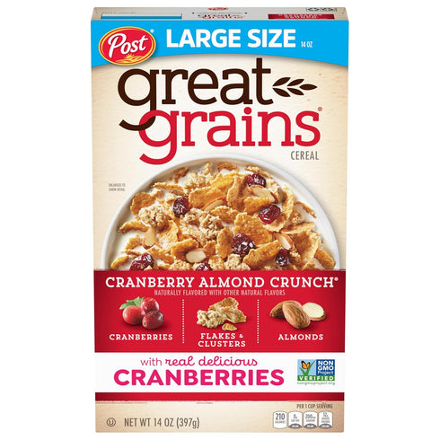 Great Grains Cranberry Almond Crunch Breakfast Cereal for Adults, Dried Cranberries and Almonds, Made