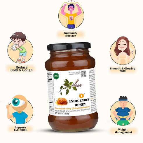 530g Pack 1 INDIGENOUS HONEY Tulsi Basil Honey Raw Natural Pure Unprocessed NMR Tested Unpasteurized Unheated Glass Jar