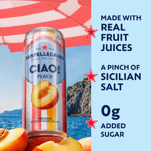 0g 6-Pack Sanpellegrino CIAO! Peach Sparkling Water, Low-Calorie Italian Sparkling Water with Real Fruit Juices, Added