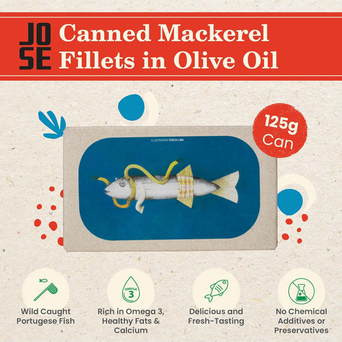 3, 125g Canned Mackerel Fillets in Olive Oil by Jose Gourmet, Wild Caught Portuguese Mackerel, Tinned Fish in Olive