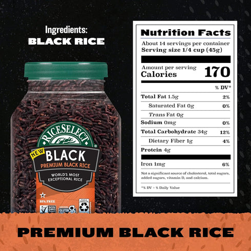 22-Ounce (Pack 1) RiceSelect Premium Black Rice, Whole-Grain, Gluten-Free, Non-GMO, and Vegan Rice, BPA-Free Jar