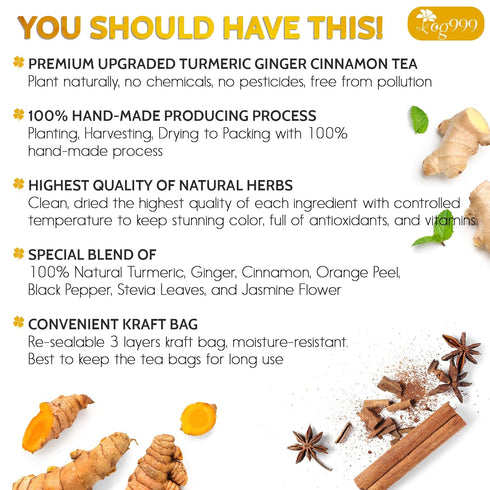 TOG999, 60 Bags Premium Turmeric Ginger Cinnamon Tea. Upgraded Version. Improve Digestion, Support Brain, Weight, Skin