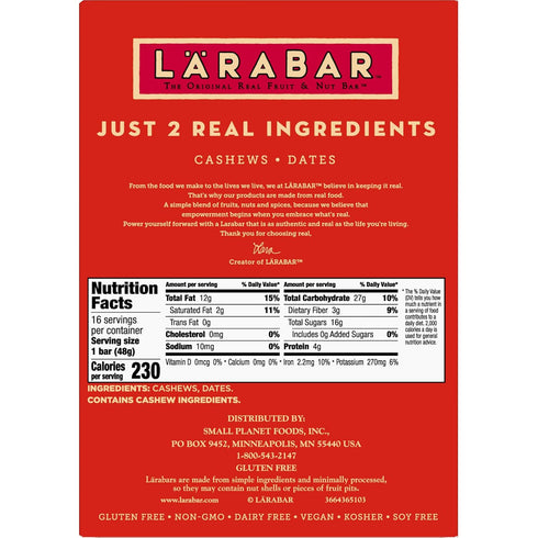 1.7 oz 16 Larabar Cashew Cookie, Gluten Free Vegan Fruit & Nut Bar, Bars Ct