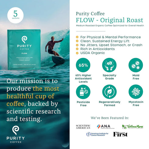 (5ct Purity Coffee FLOW Original Medium Roast Single Serve Sachets Box) | Specialty-Grade USDA Organic Arabica Blend |
