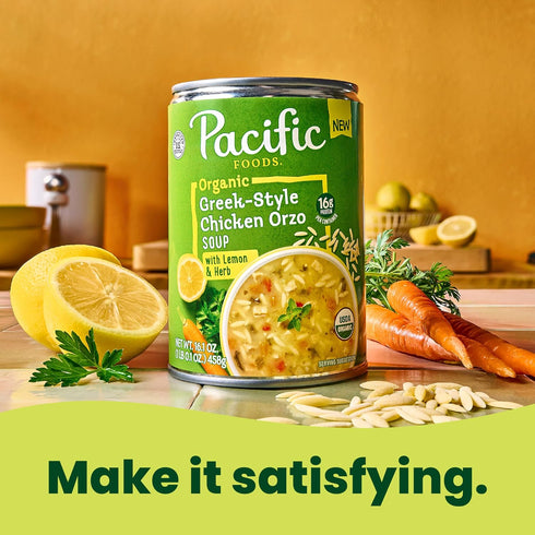 16.1 oz Pacific Foods Organic Greek-Style Chicken Orzo Soup With Lemon and Herb, Can