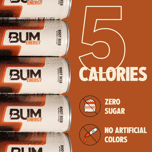 12 oz, Pack 12 BUM Sugar-Free Energy Drink, Root Beer - Lightly Carbonated & No Artificial Colors, Natural Caffeine