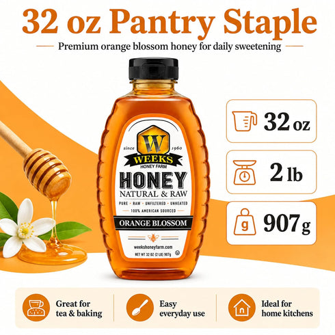 32 oz Pure Raw Unfiltered Orange Blossom Honey, - Premium American Sourced by Weeks Honey Farm | Light Citrus Floral
