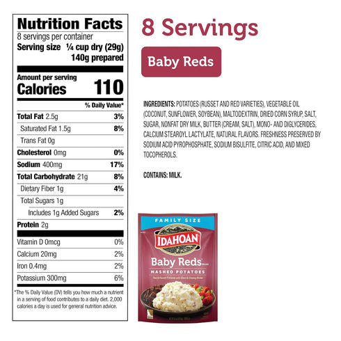 100% 8 8 (Pack 8) Idahoan Baby Reds Mashed Potatoes, Naturally Gluten-Free, Real Idaho Potatoes, servings per bag