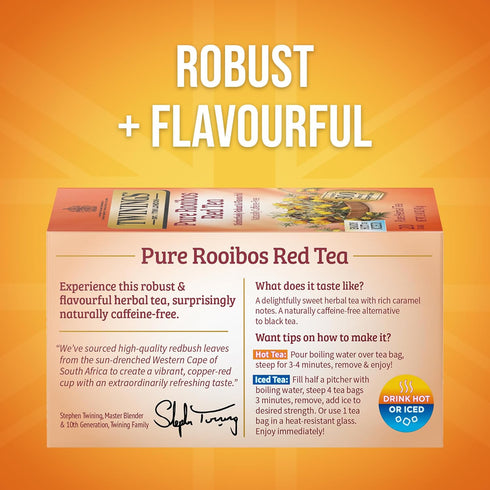 Twinings Pure Rooibos Red Herbal Tea, 20 Count Individually Wrapped Bags, Naturally Caffeine-Free, Enjoy Hot or Iced