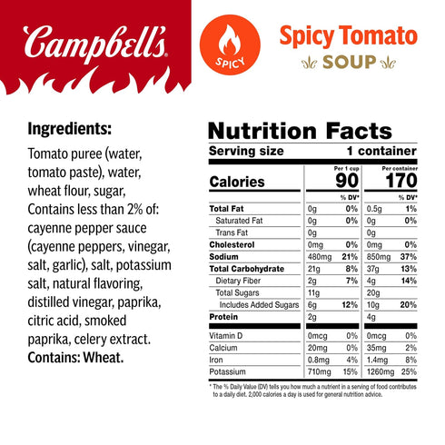 15.4 oz (8 Pack) Campbells Spicy Tomato Soup, Microwavable Bowl