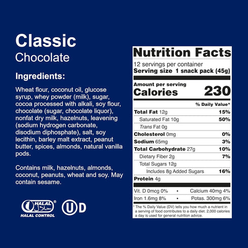 Multipack 12 Packs 45g/1.59oz, Pack 12 Loacker Classic Chocolate Wafers - Premium Crispy Wafer Cookies with Chocolate