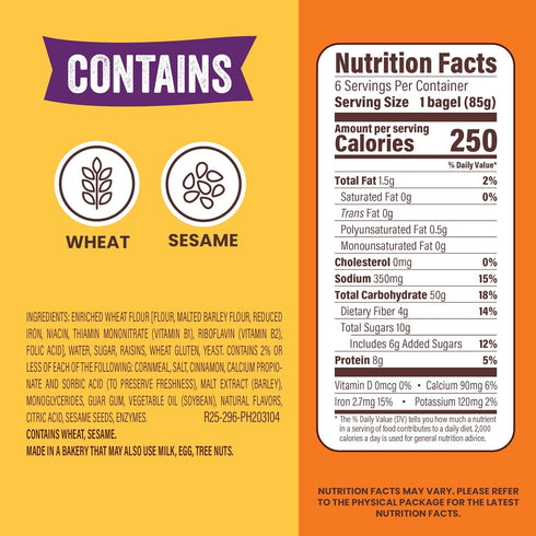 THOMAS' 6 count, (3.0 oz 8g 18 oz Cinnamon Raisin Bagels, each), Protein, Kosher Bagels, Bag